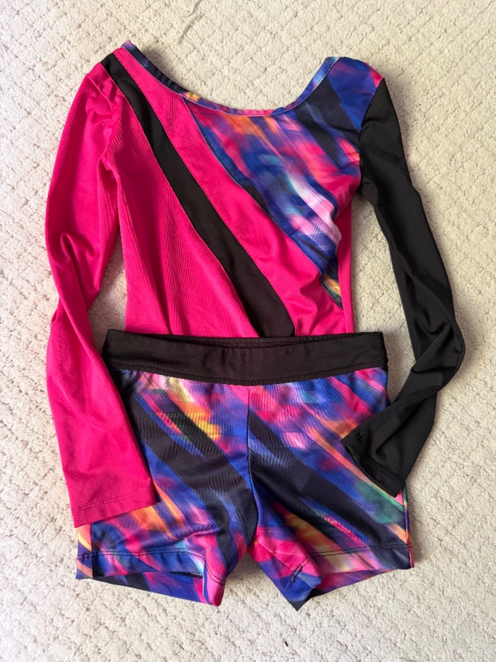 Girls 2 Piece Gymnastics Outfit Size 6 Pink Abstract Leotard & Biker Shorts Set